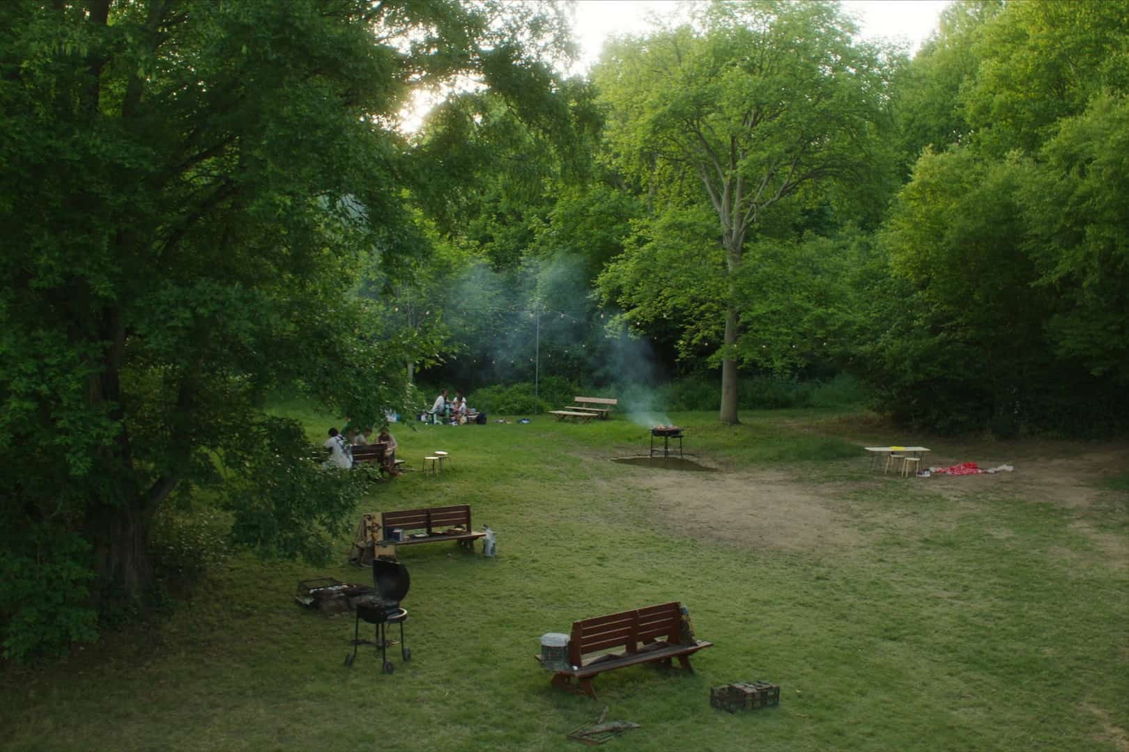 Parklichtung mit Holzkohlegrills und Bierbänken im Grünen, aufsteigender Rauch im Abendlicht